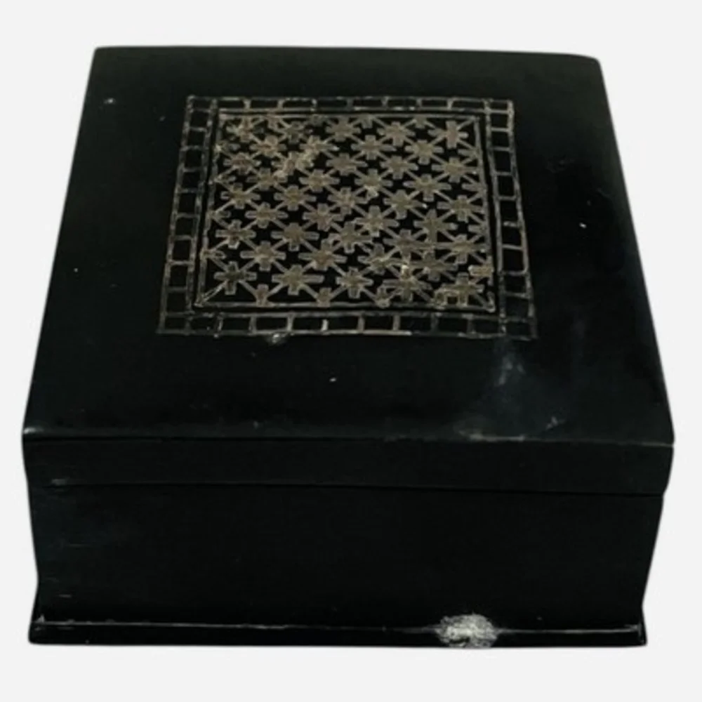 Vintage 1995 Black Metal Bidriware Jewelry Trinket Box India 3